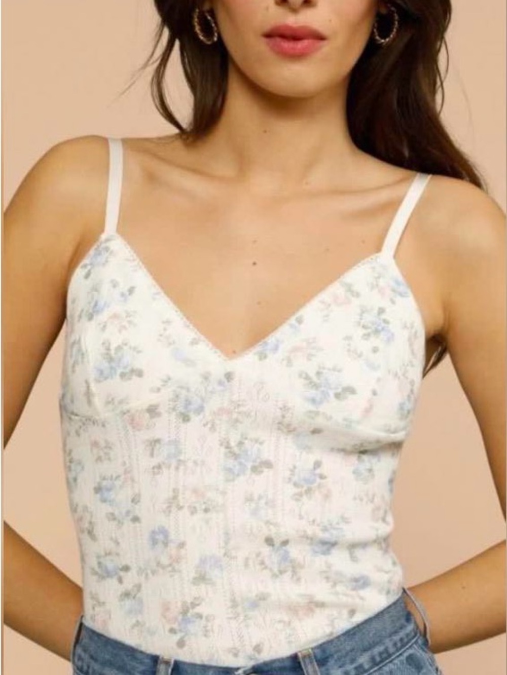 Rouje Luce White Floral V-Neck Cami with Blue & Pink Blossoms